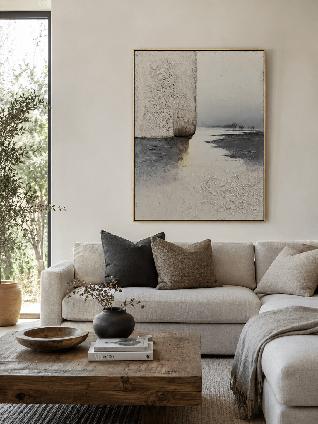 Modern textured landscape wall art with grey misty lake and neutral abstract details