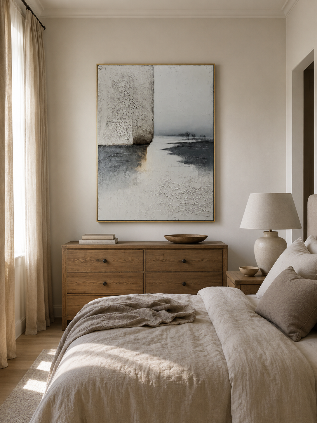Hand painted minimalist landscape canvas with wabi sabi texture and soft grey tones