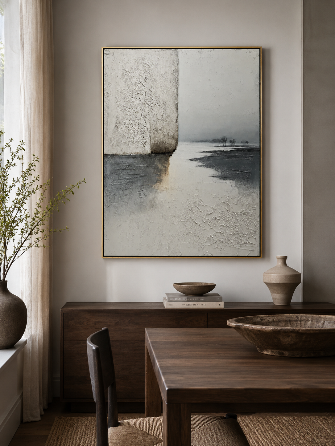 Textured grey lake painting with distant trees and quiet horizon by Evelyn Li