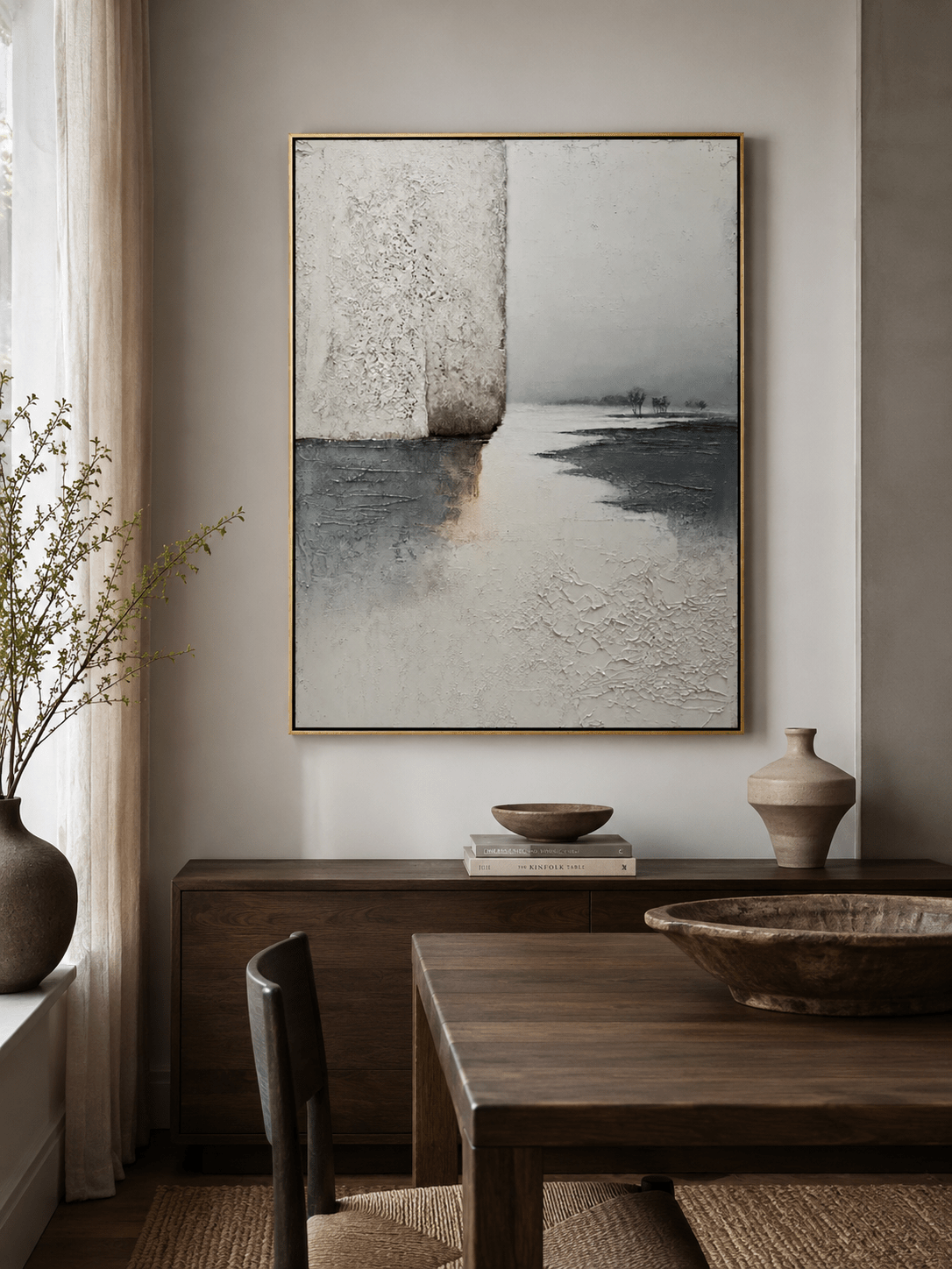 Textured grey lake painting with distant trees and quiet horizon by Evelyn Li
