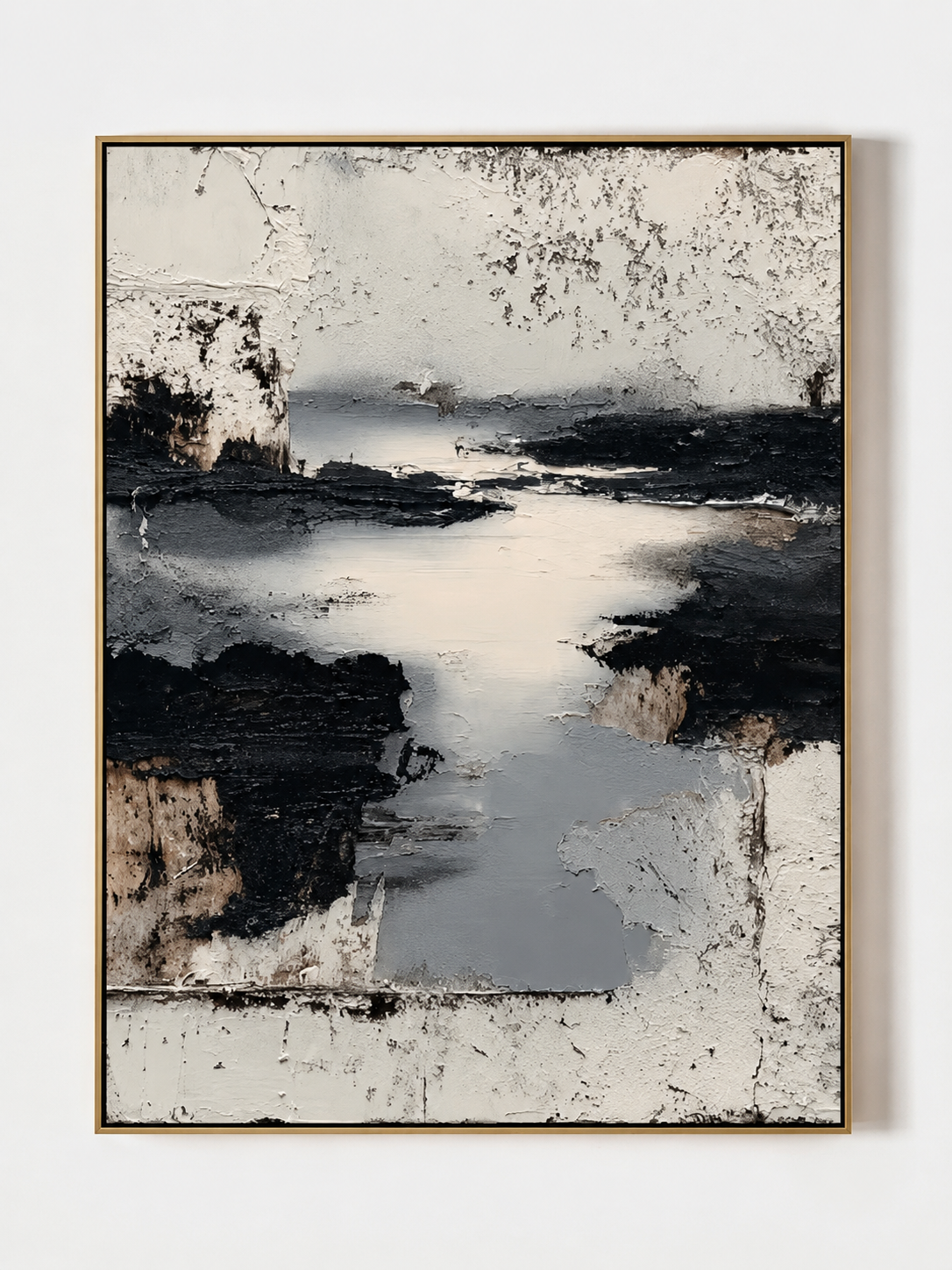 Hand painted black and white textured landscape wall art with monochrome river horizon by Evelyn Li