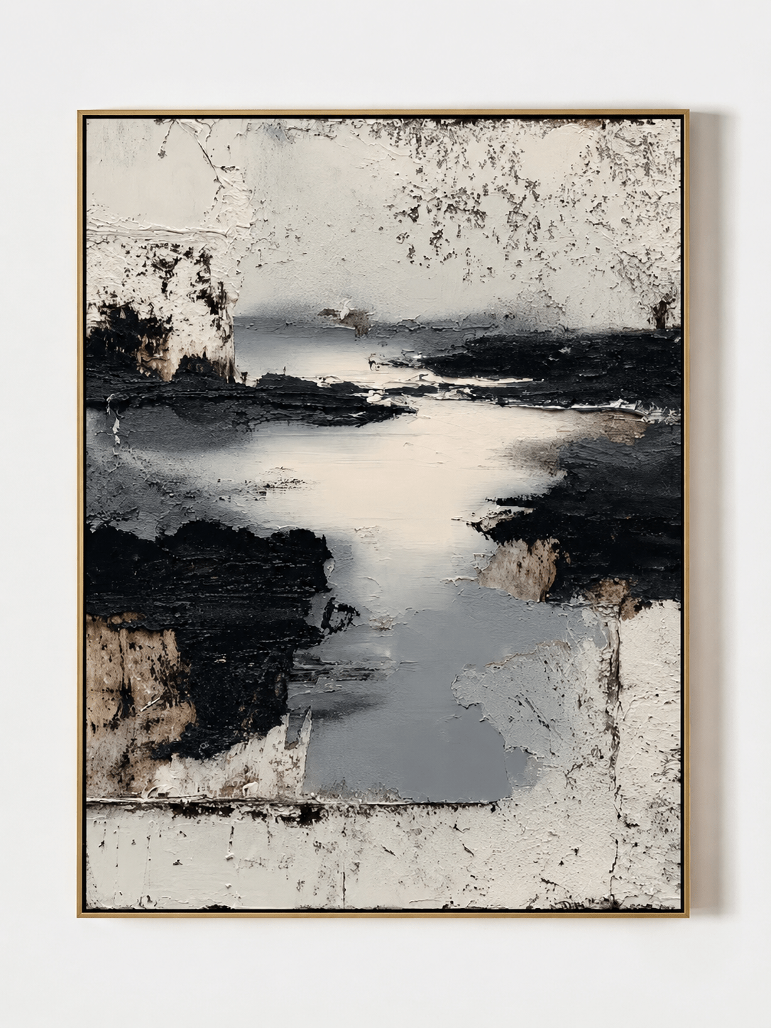 Hand painted black and white textured landscape wall art with monochrome river horizon by Evelyn Li