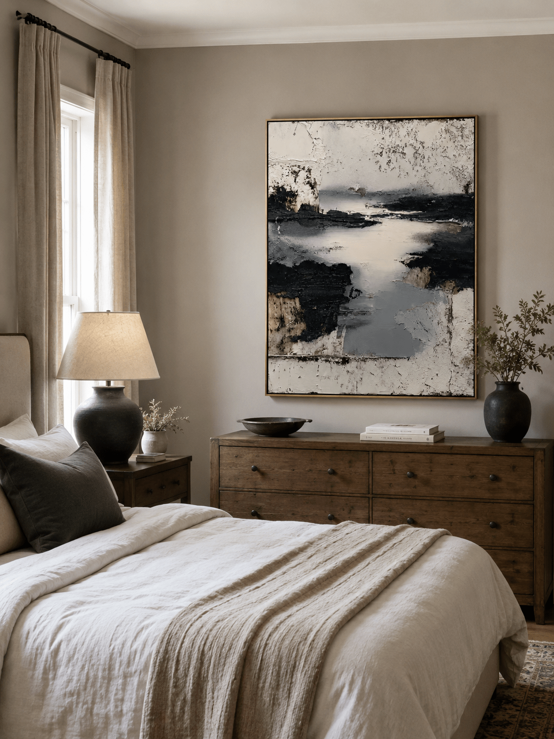 Modern black and white abstract wall art with raised texture and river landscape