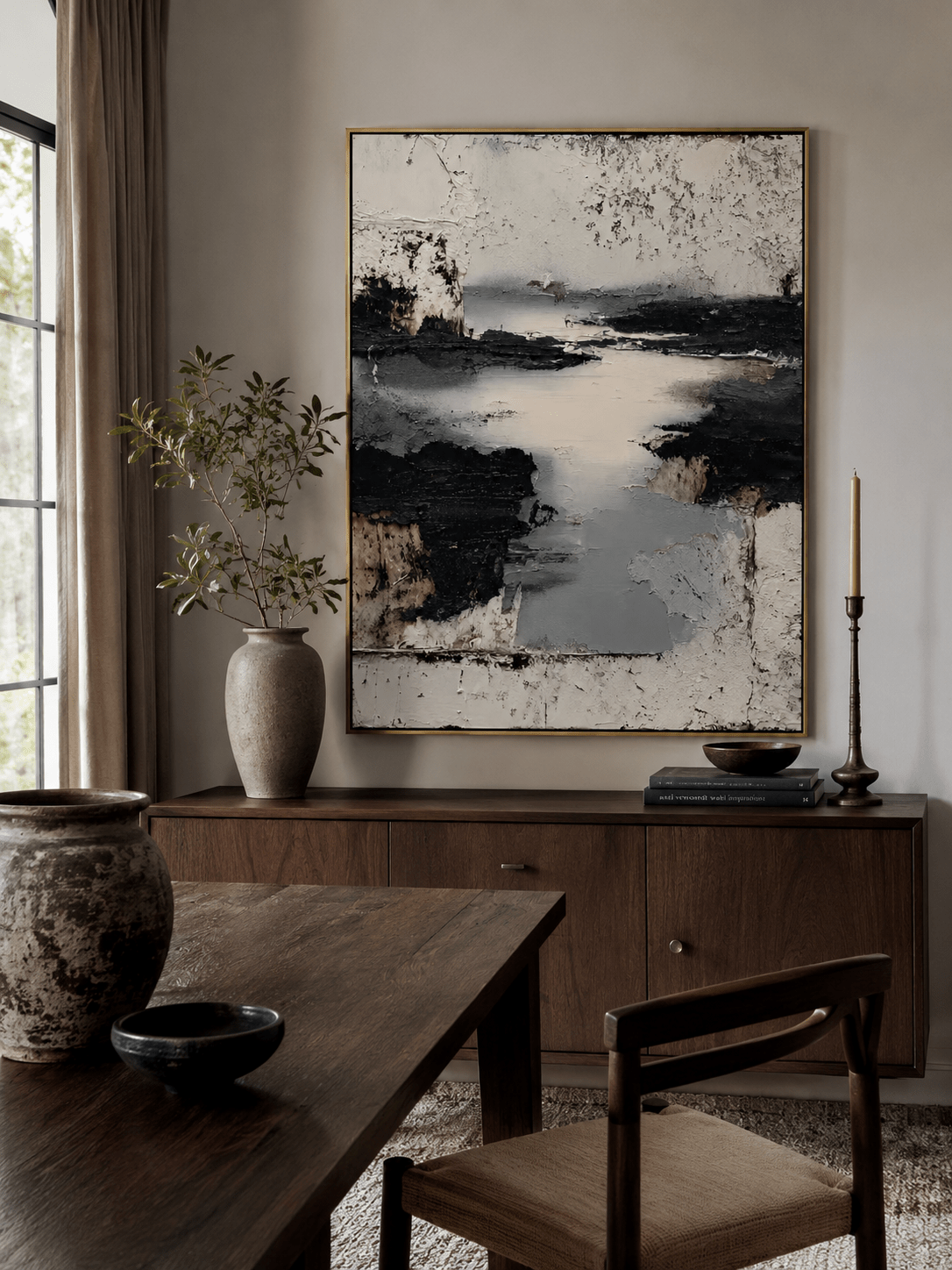 Neutral textured wall art with charcoal grey, warm white and abstract lake view