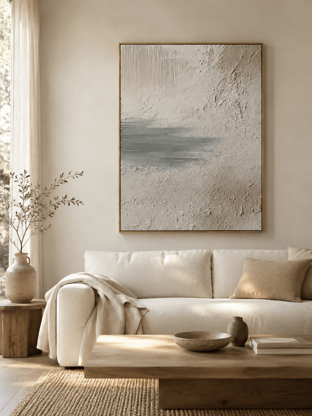 Minimalist textured wall art with beige plaster texture and soft grey horizontal detail