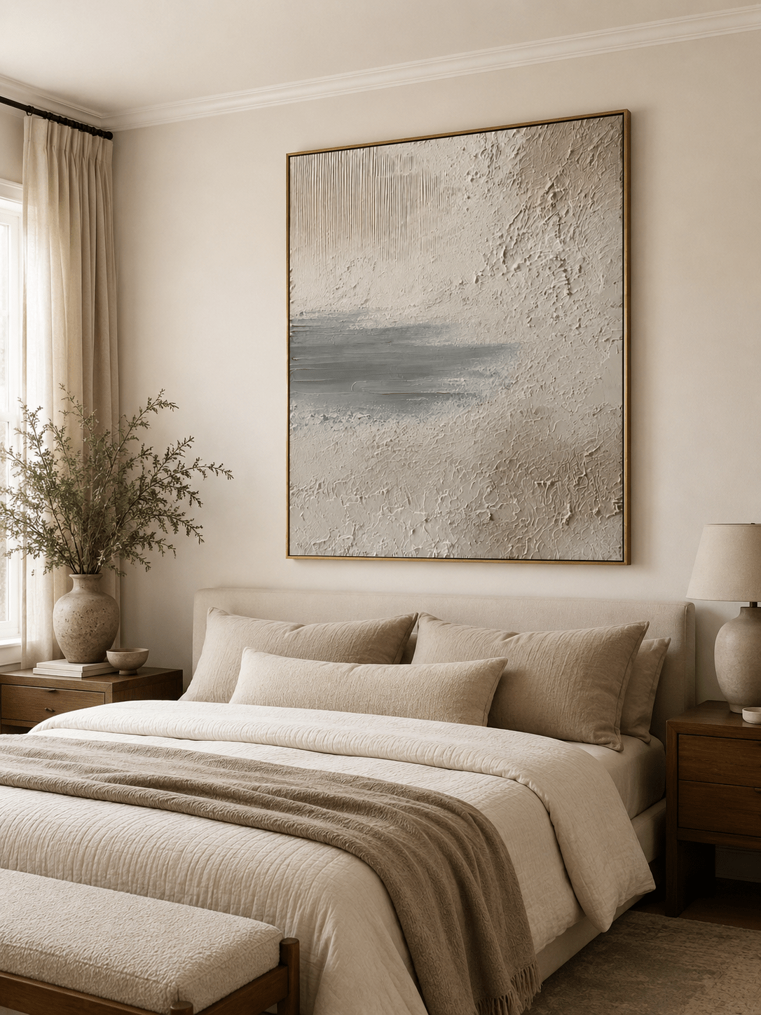 Neutral abstract wall art with raised wabi sabi texture for modern interiors