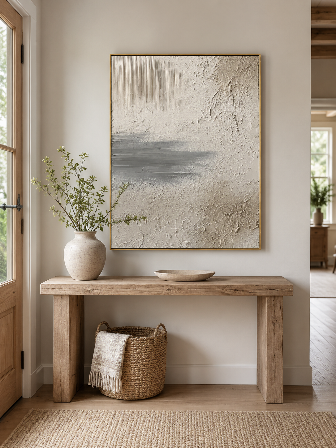 Hand painted beige and grey textured canvas art by Evelyn Li