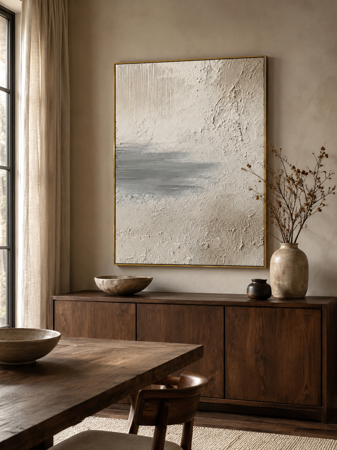 Organic modern wall art with plaster texture and minimalist grey horizon