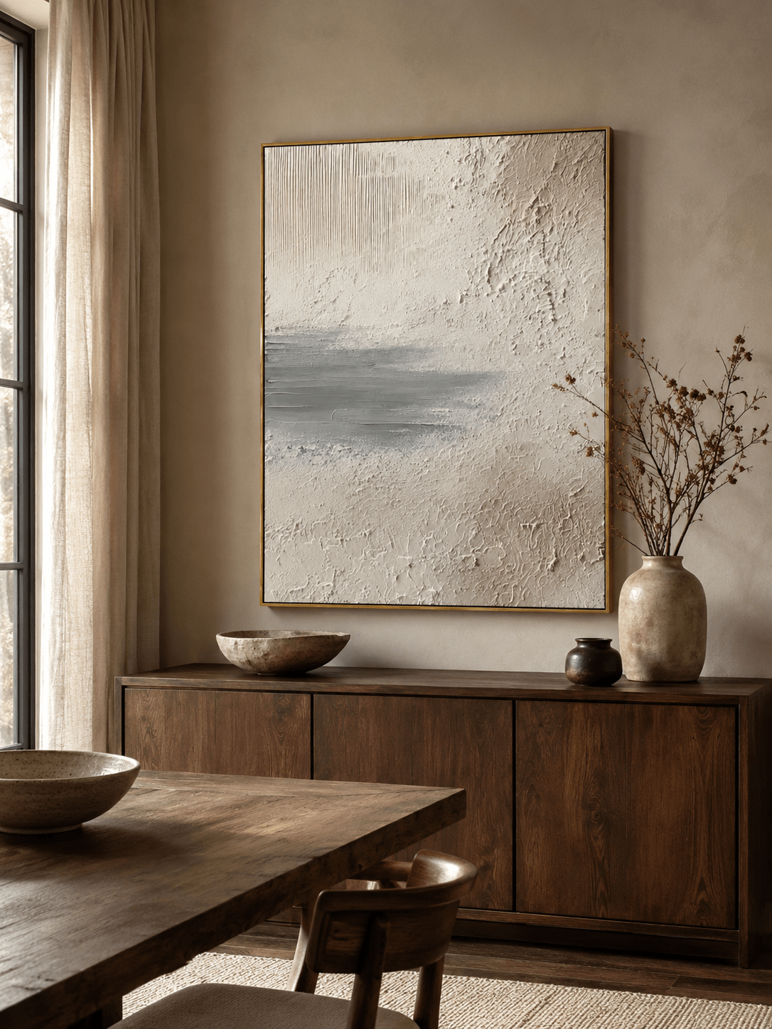 Organic modern wall art with plaster texture and minimalist grey horizon