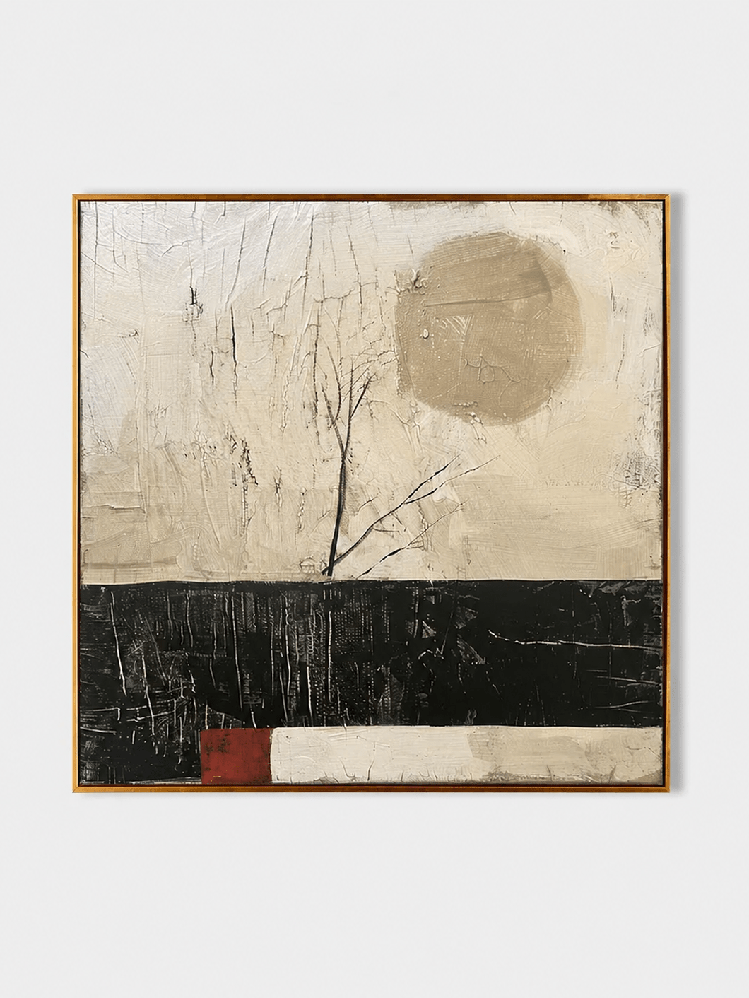 Hand painted wabi sabi abstract wall art with neutral moon branch design, black horizon and textured beige background by Akari Kobayashi