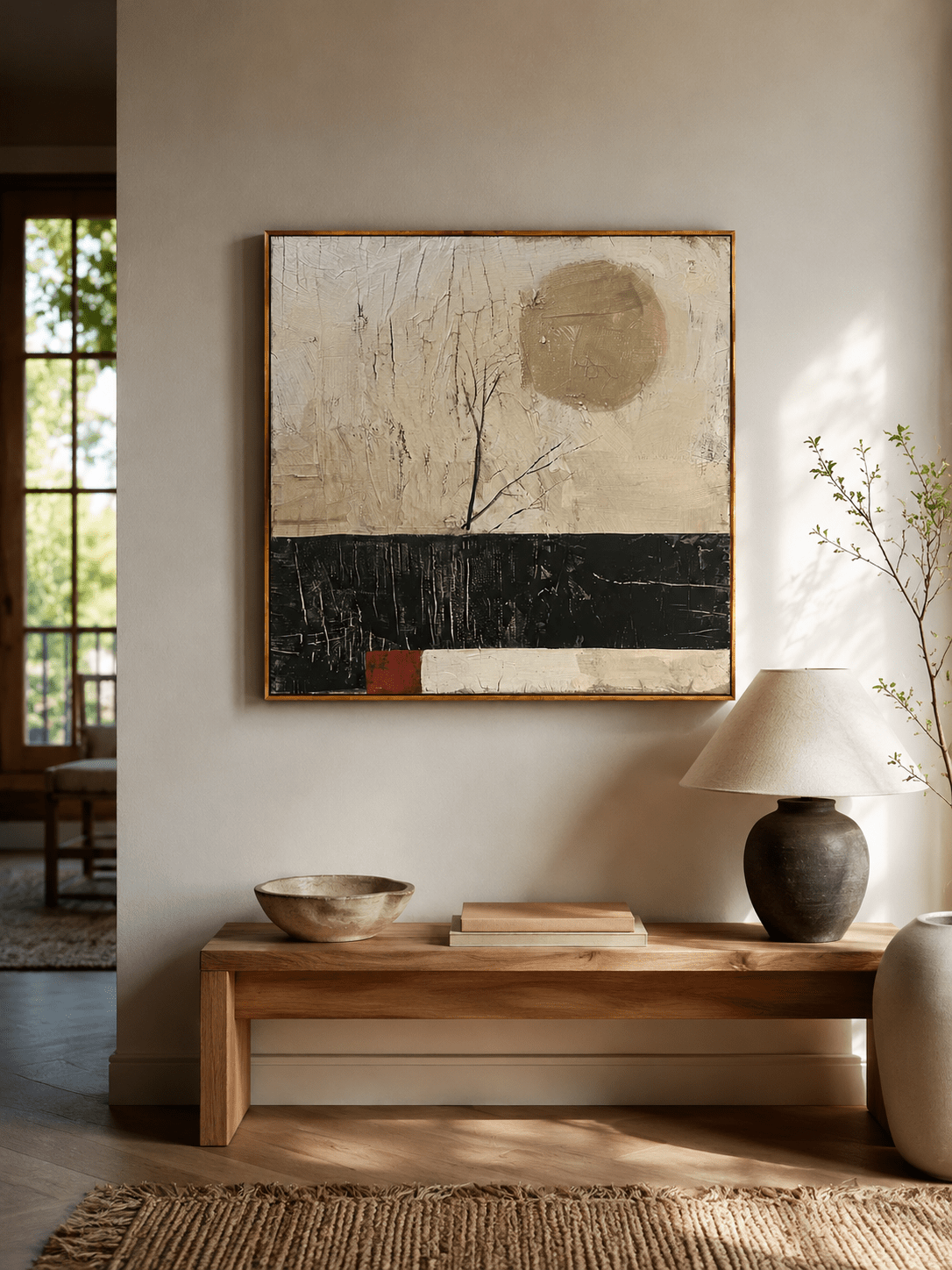 Black and beige abstract wall art with moon-inspired shape by Akari Kobayashi