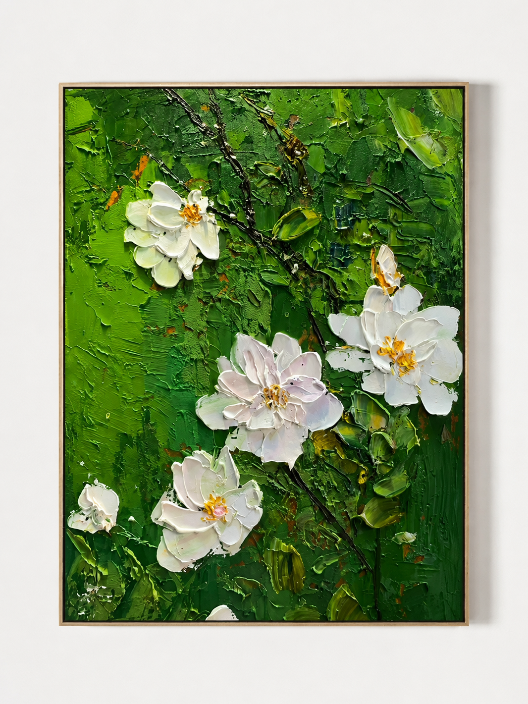Hand painted 3D textured green floral wall art with white blossoms and emerald green background by Luna Xiao