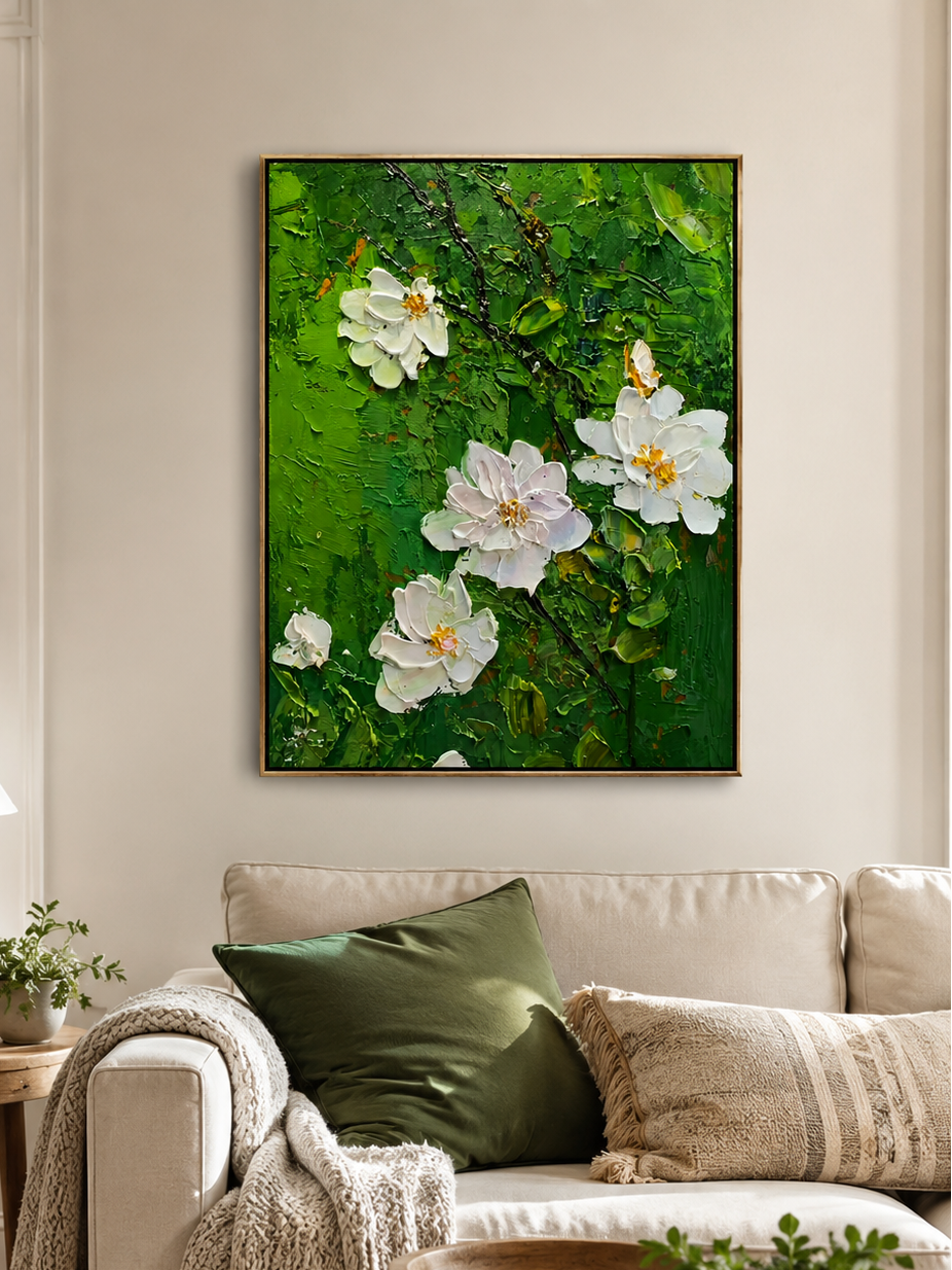 Modern textured floral wall art with white flowers and deep green botanical background