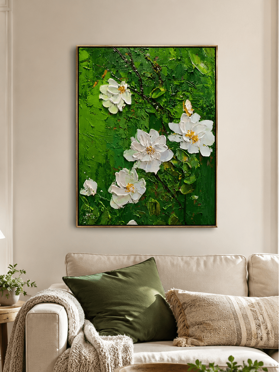 Modern textured floral wall art with white flowers and deep green botanical background
