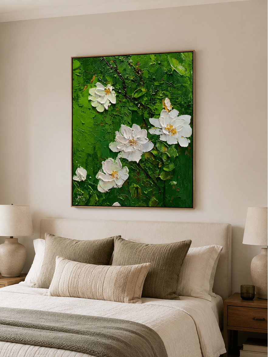 Hand painted white blossom canvas with 3D impasto texture and green leaves