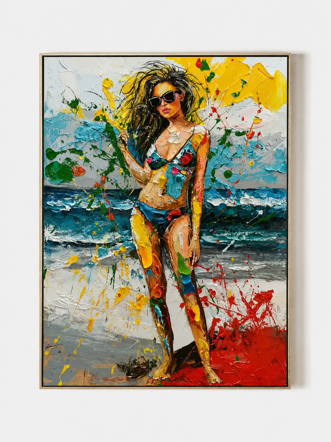 Hand painted colorful beach wall art of a woman in sunglasses by the ocean with bold impasto texture by Eleanor Hayes
