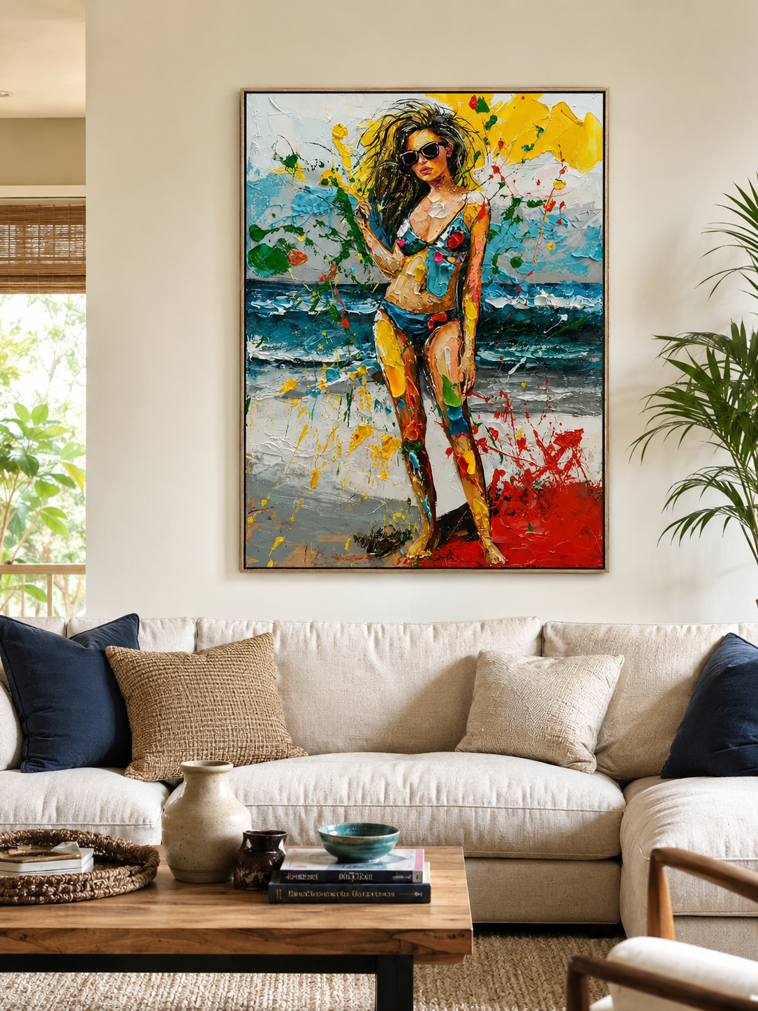 Modern pop art woman painting with ocean waves, sunglasses and bright color splashes