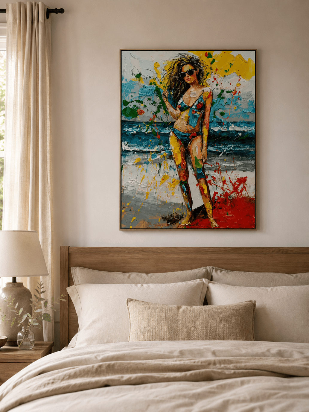 Colorful coastal figurative wall art with textured beach scene and summer style