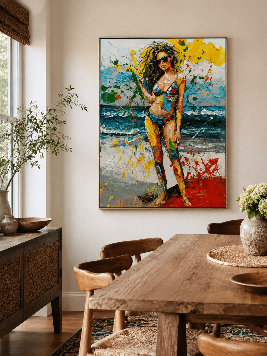Hand painted beach woman canvas with yellow, red, blue and green impasto details