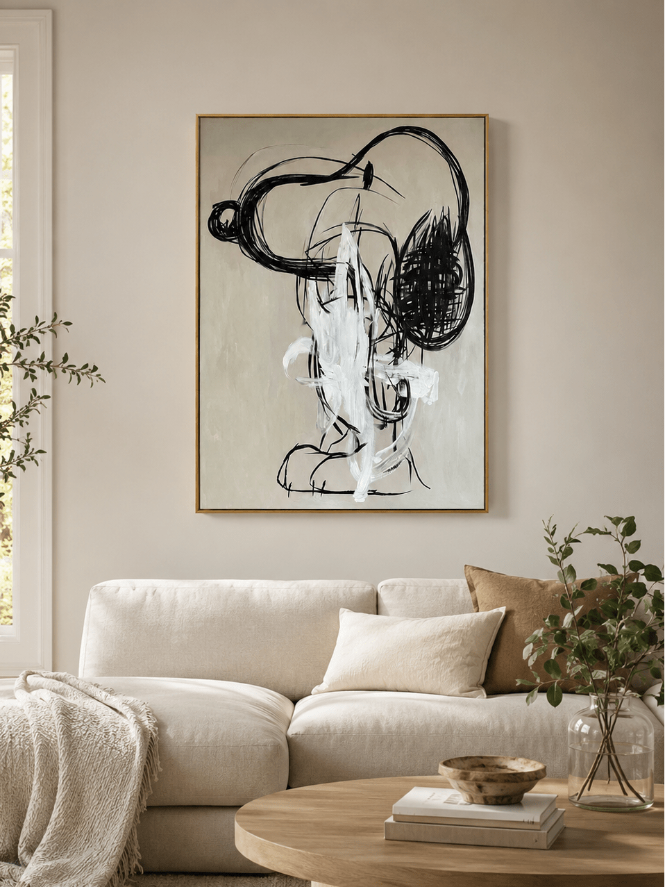 Black and white abstract cartoon portrait with expressive graffiti lines