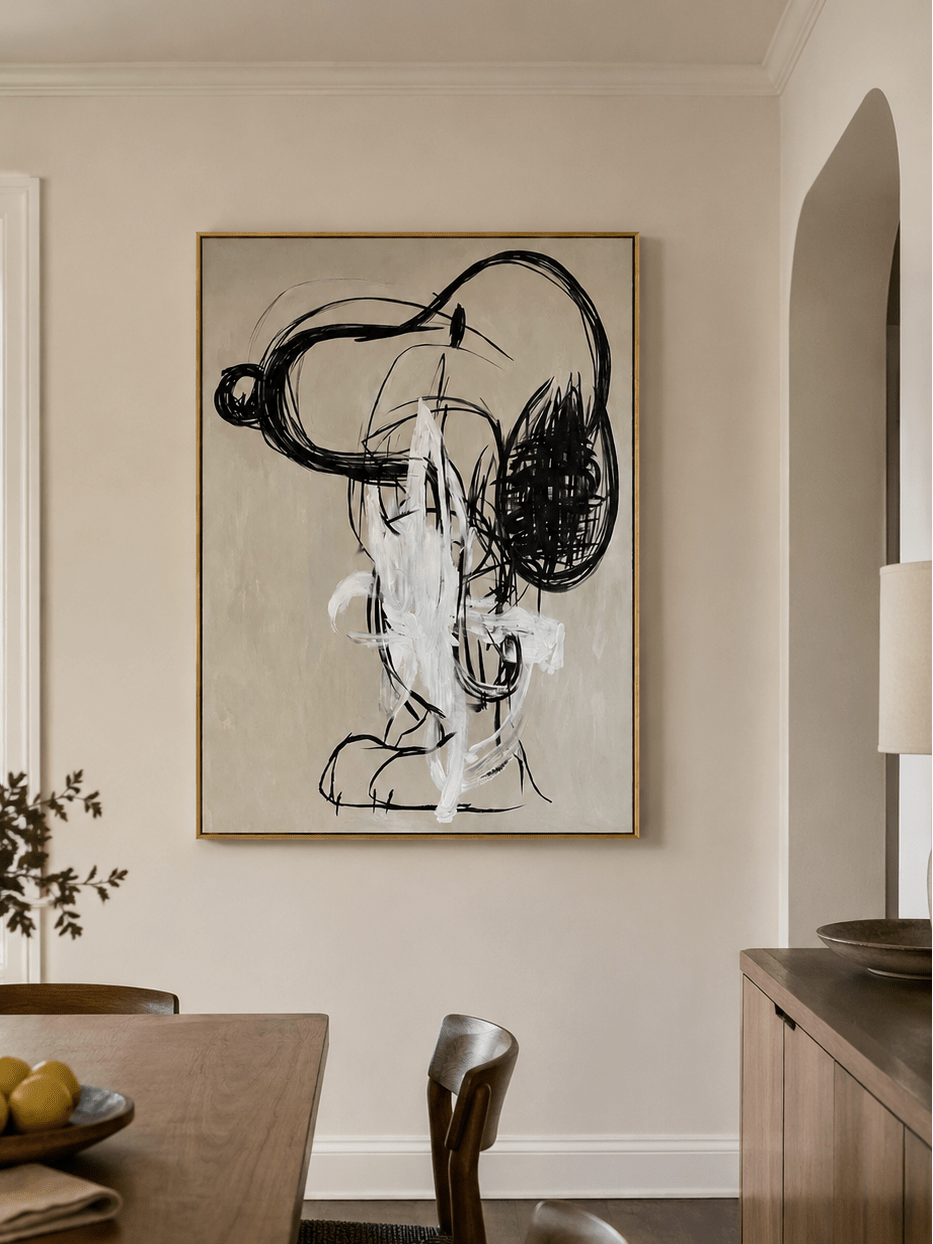 Hand-painted deconstructed cartoon canvas with black gestural linework