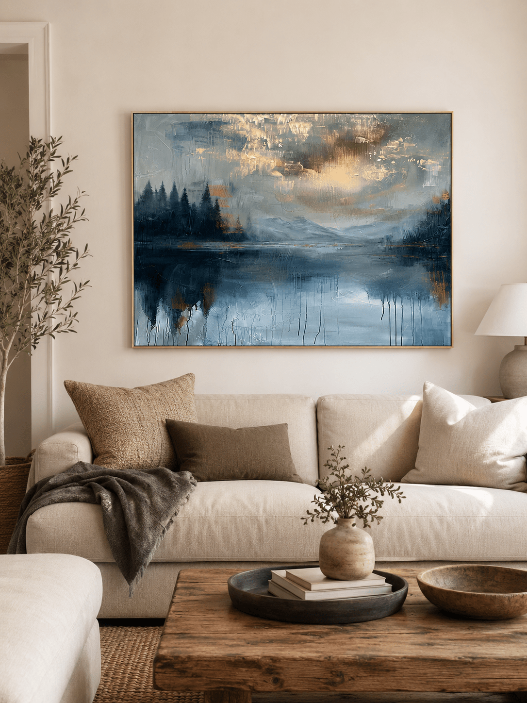 Hand-painted misty blue lake landscape wall art with mountains and gold accents displayed above a living room sofa