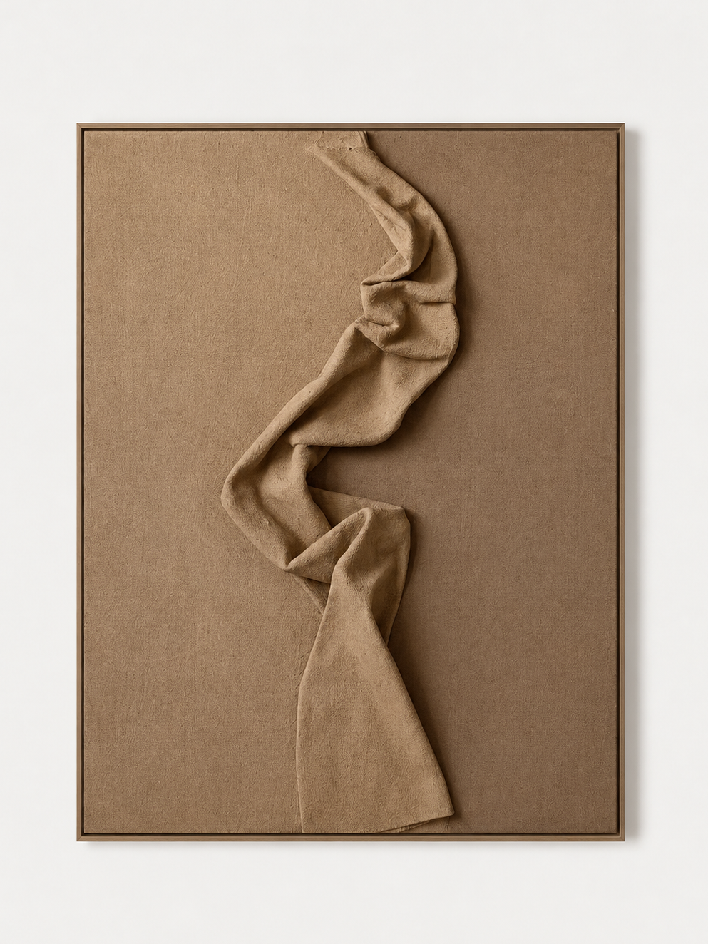 Neutral 3D sculptural wall art with fabric-inspired folds in warm taupe and camel brown by Leo Liang
