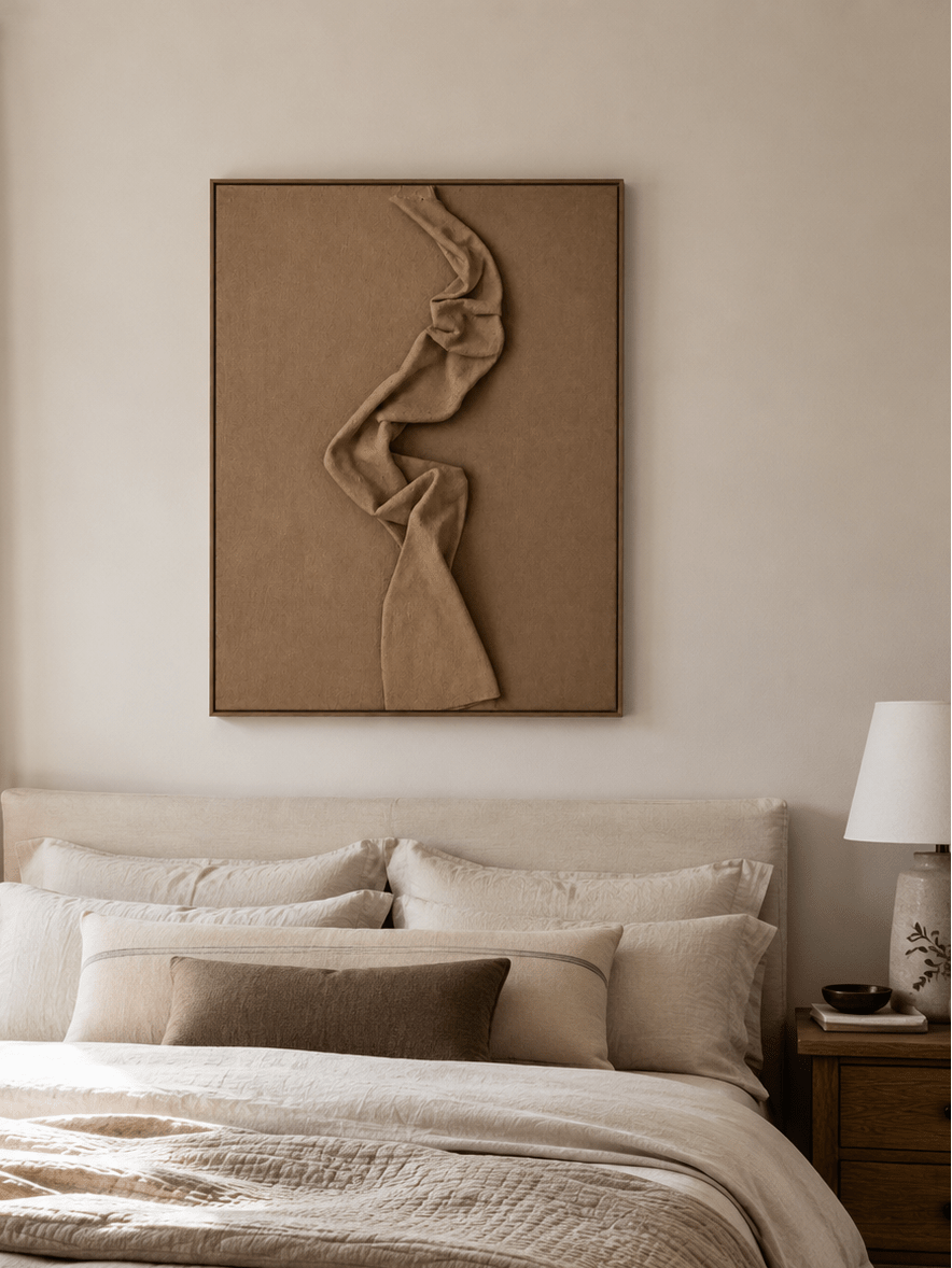Fabric-inspired sculptural artwork in taupe, sand, and warm brown