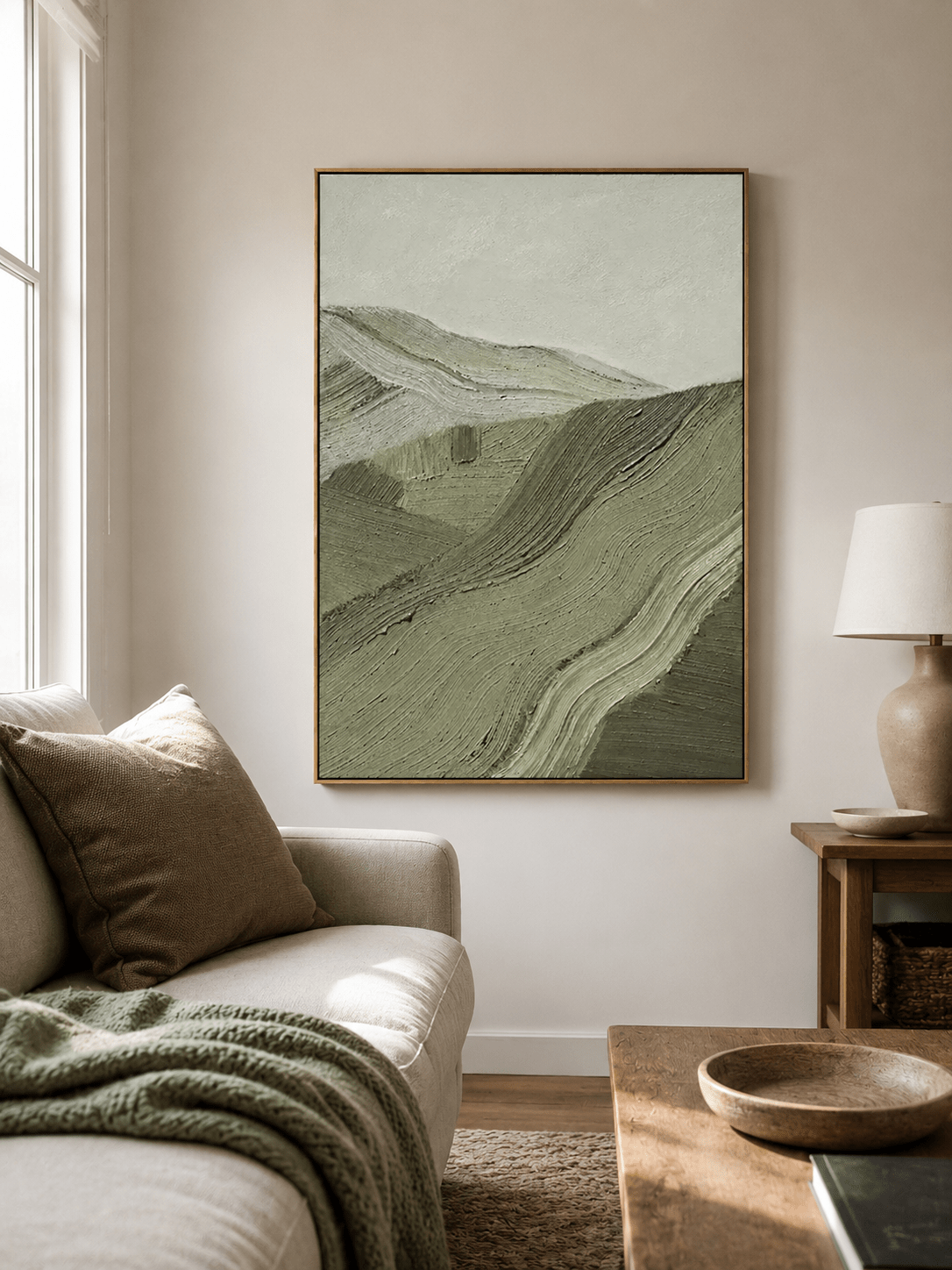 Modern textured mountain painting in sage, olive and soft grey green
