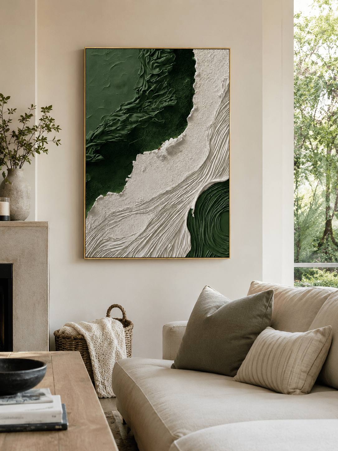Forest green textured wall art in an organic modern living room
