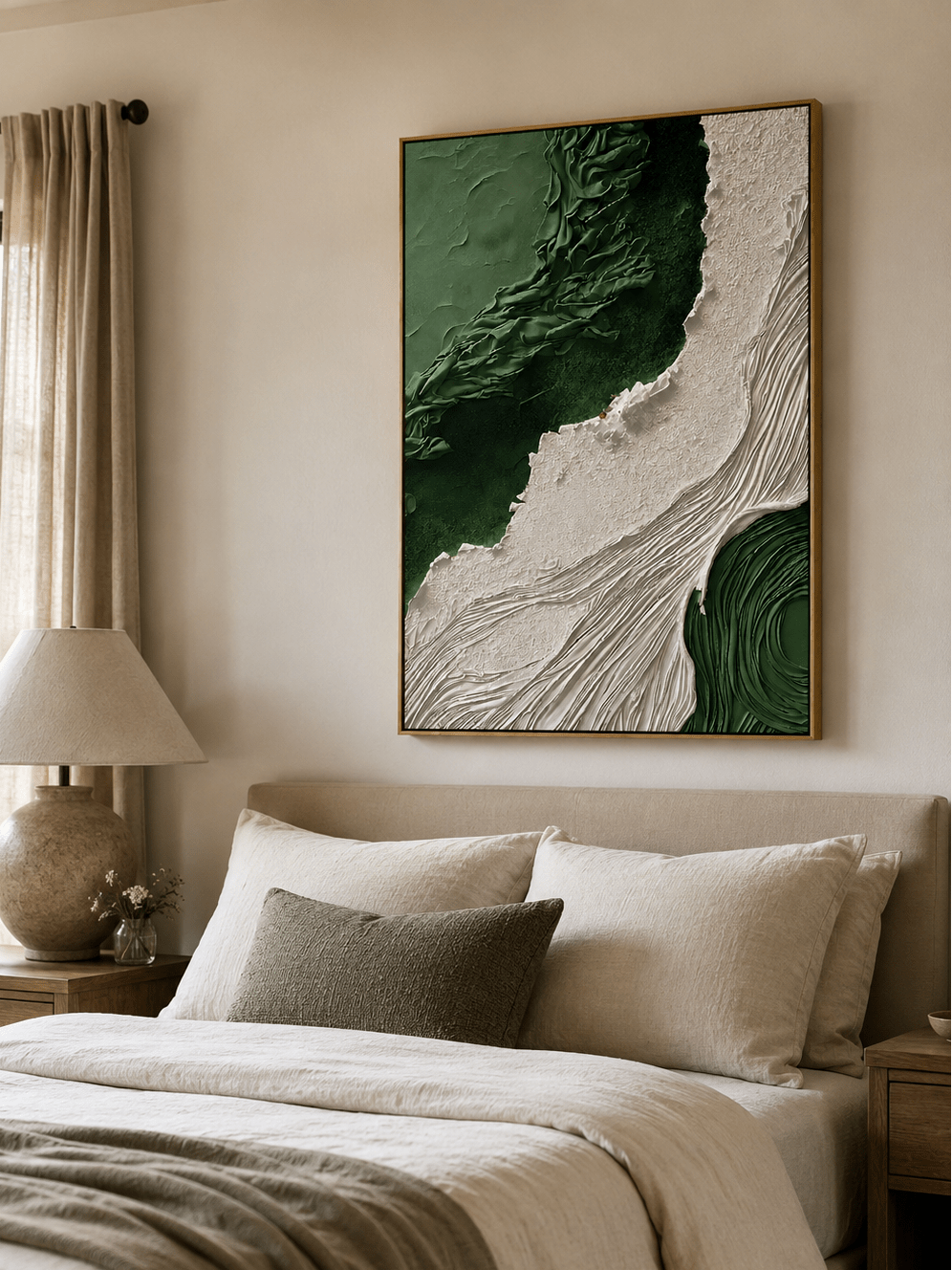 Modern emerald green abstract painting with sculptural white texture