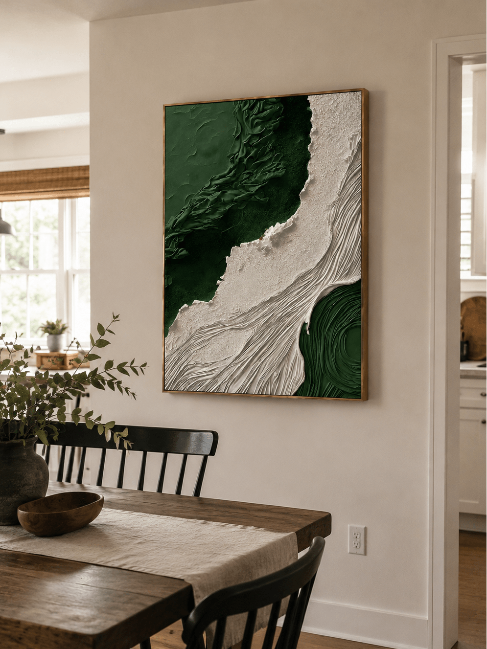 Green and ivory textured wall art with raised flowing lines