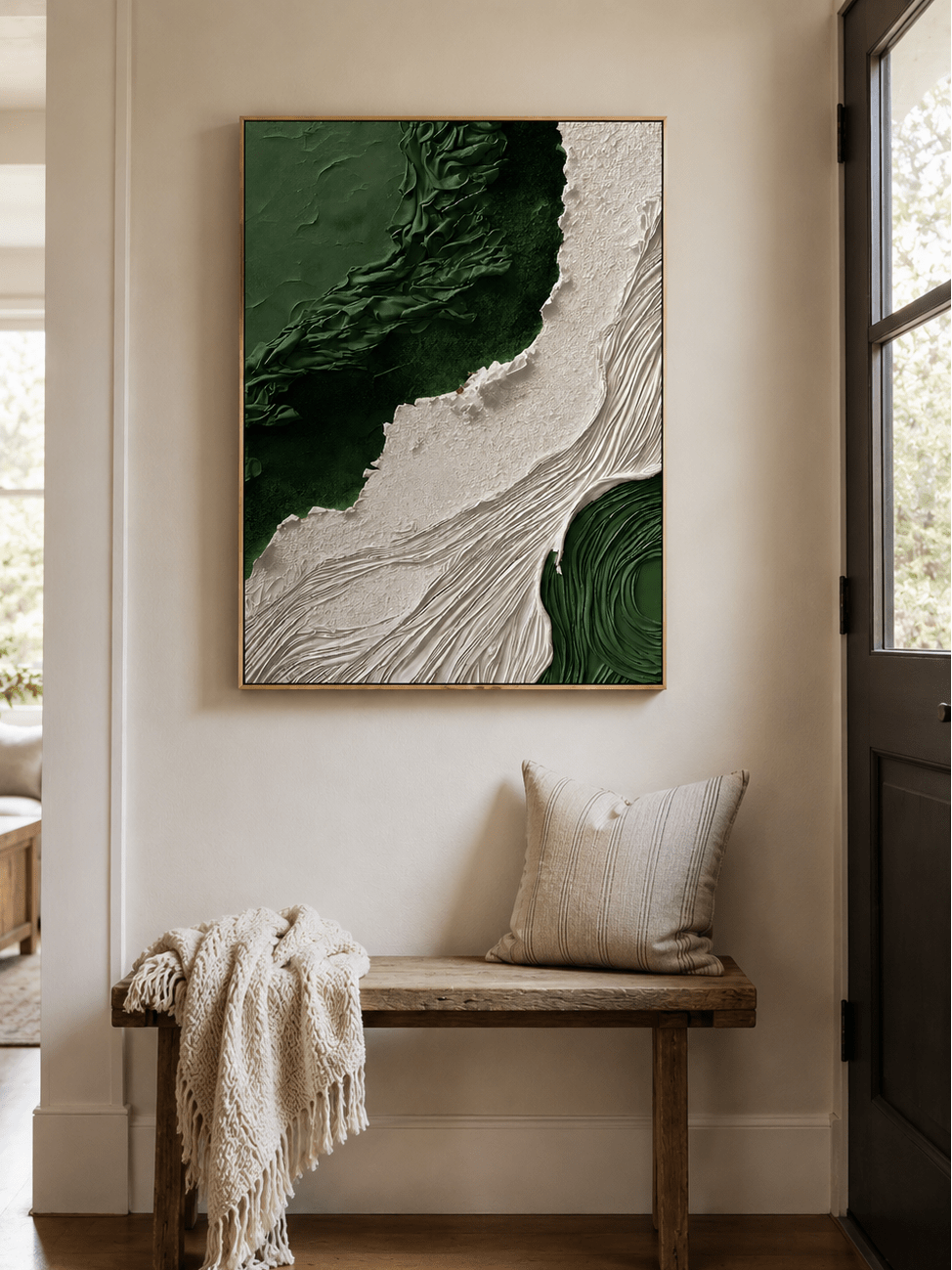 Vertical green and white abstract canvas with spiral relief details