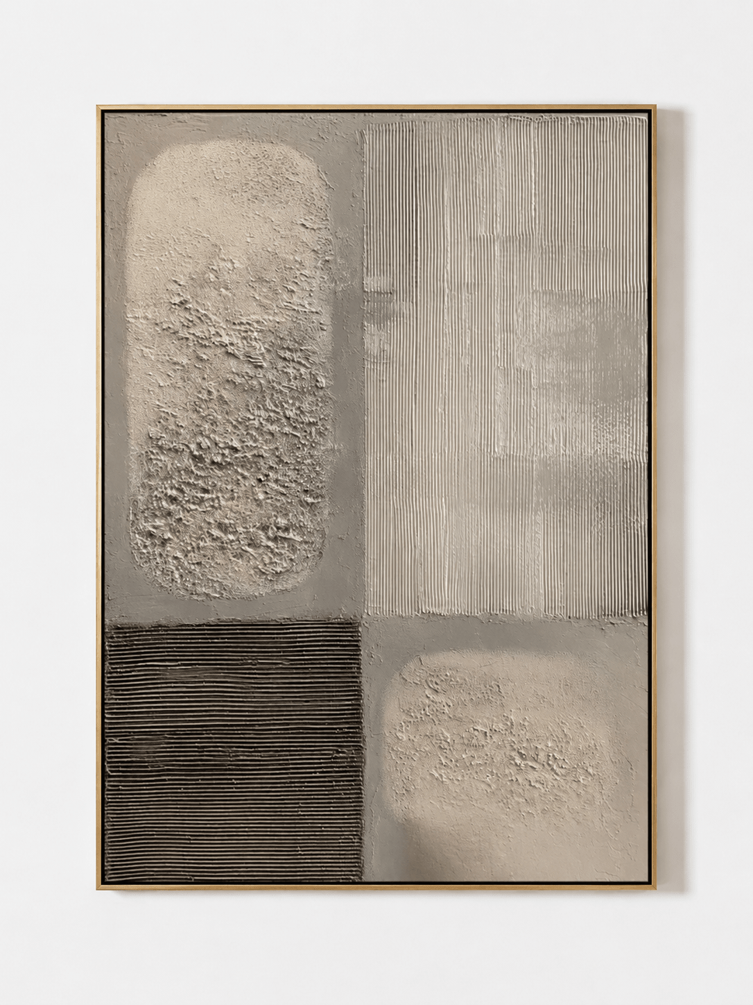 Hand-painted neutral textured abstract wall art with geometric blocks in beige, ivory, taupe, and charcoal by Eliot Vermeer