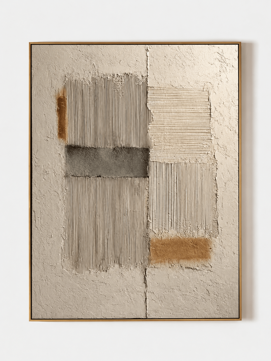 Hand painted textured geometric wall art with neutral earth tone blocks and raised linear texture by Eliot Vermeer