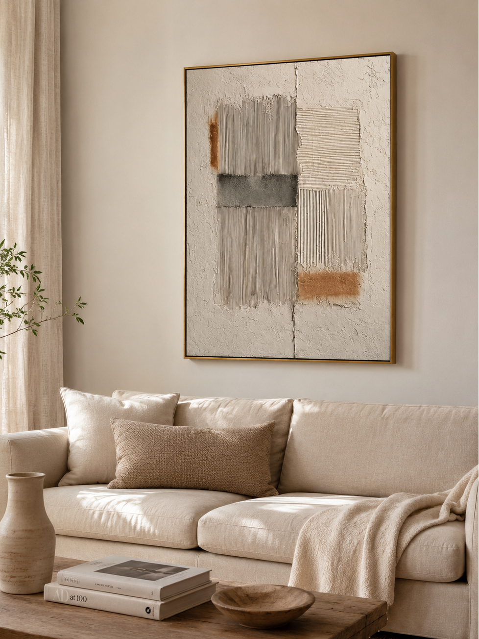 Modern textured geometric wall art with beige, taupe, charcoal grey and clay brown accents