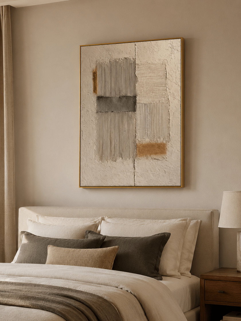 Wabi sabi neutral abstract wall art with raised vertical lines and plaster texture