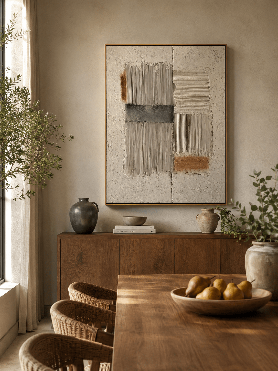 Japandi style textured wall art with minimalist geometric composition