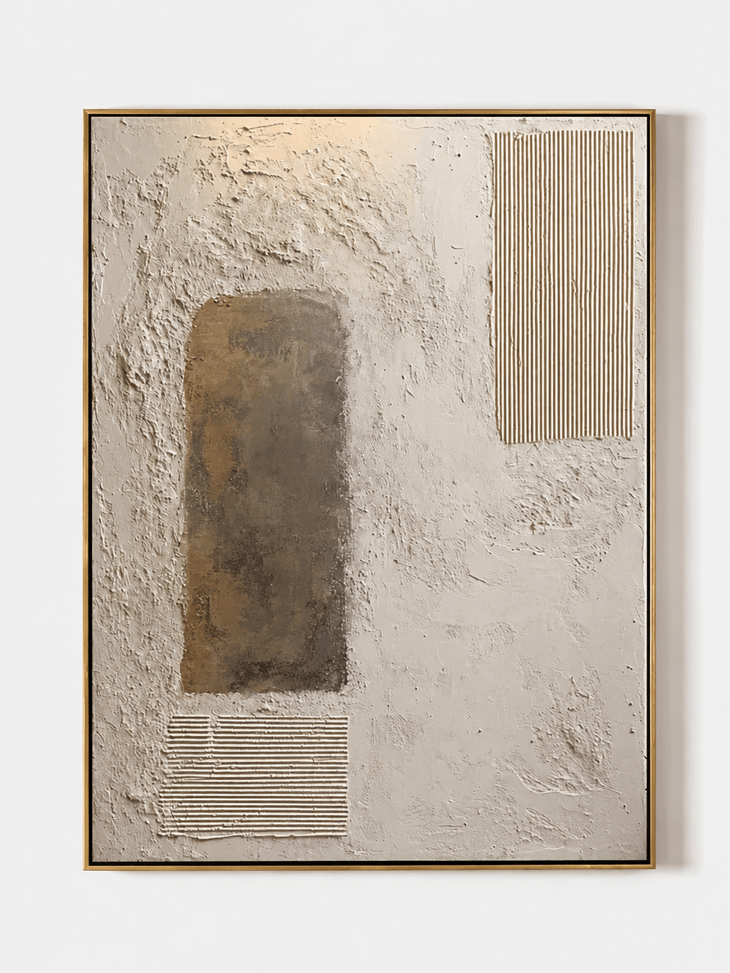 Hand painted wabi sabi textured geometric wall art with neutral earthen arch and raised line texture by Eliot Vermeer