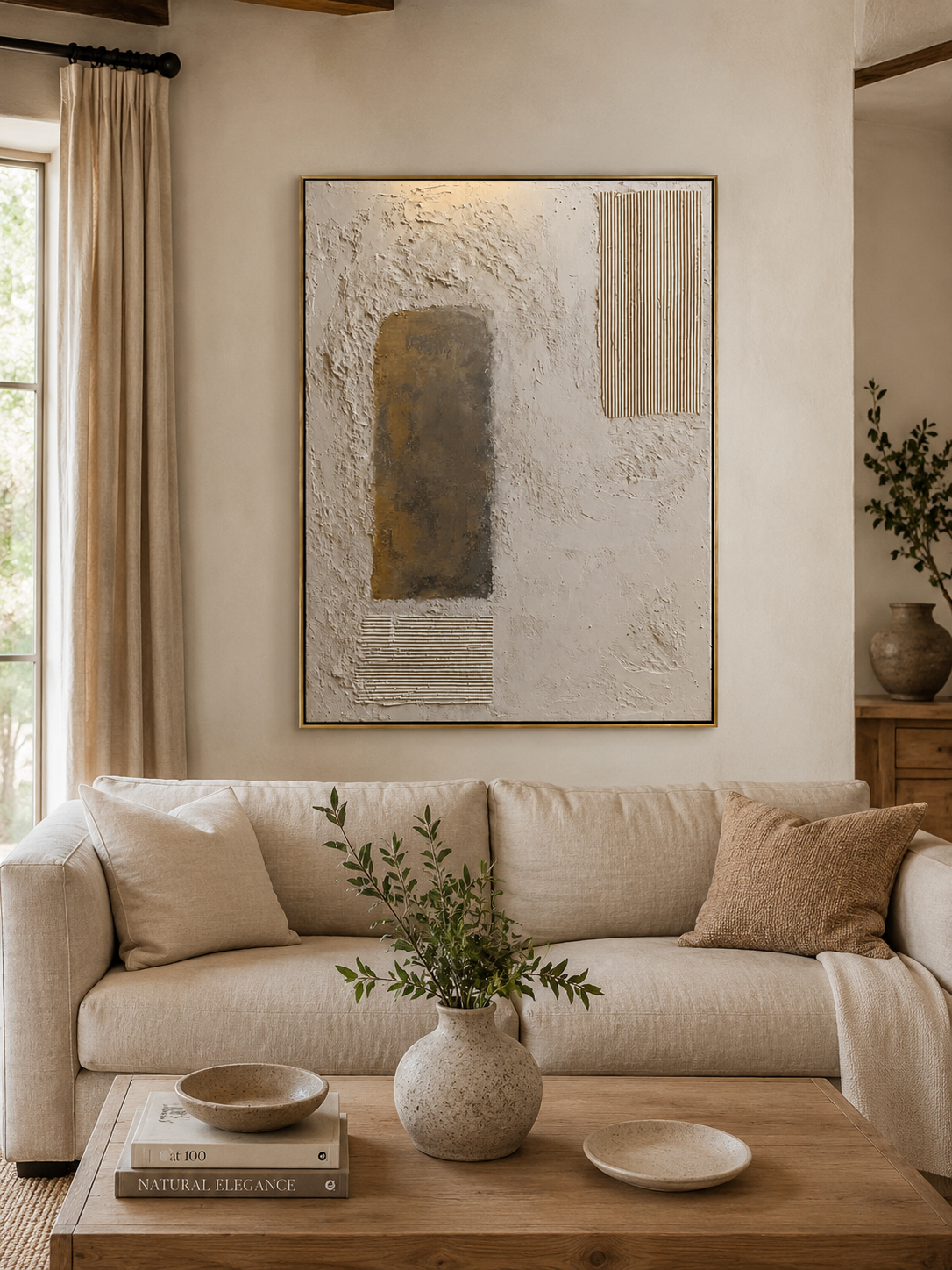 Modern textured geometric wall art with beige plaster texture and earthy arch shape