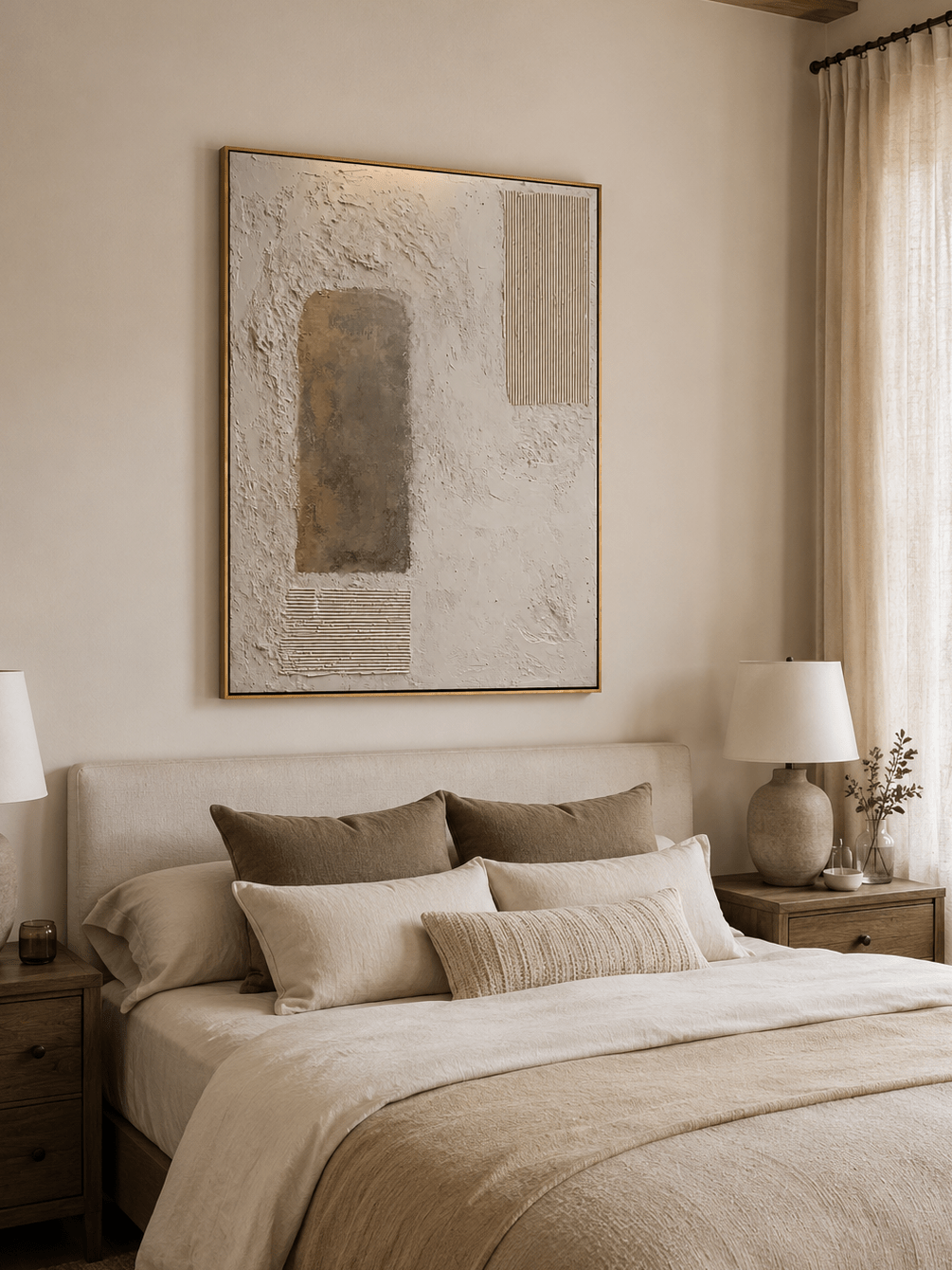 Neutral wabi sabi wall art with raised ribbed lines and organic plaster surface