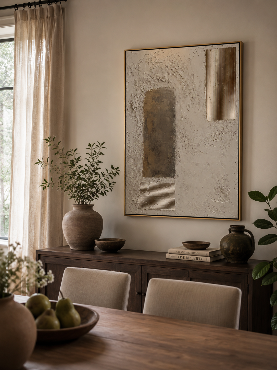 Japandi style textured wall art with minimalist arch composition