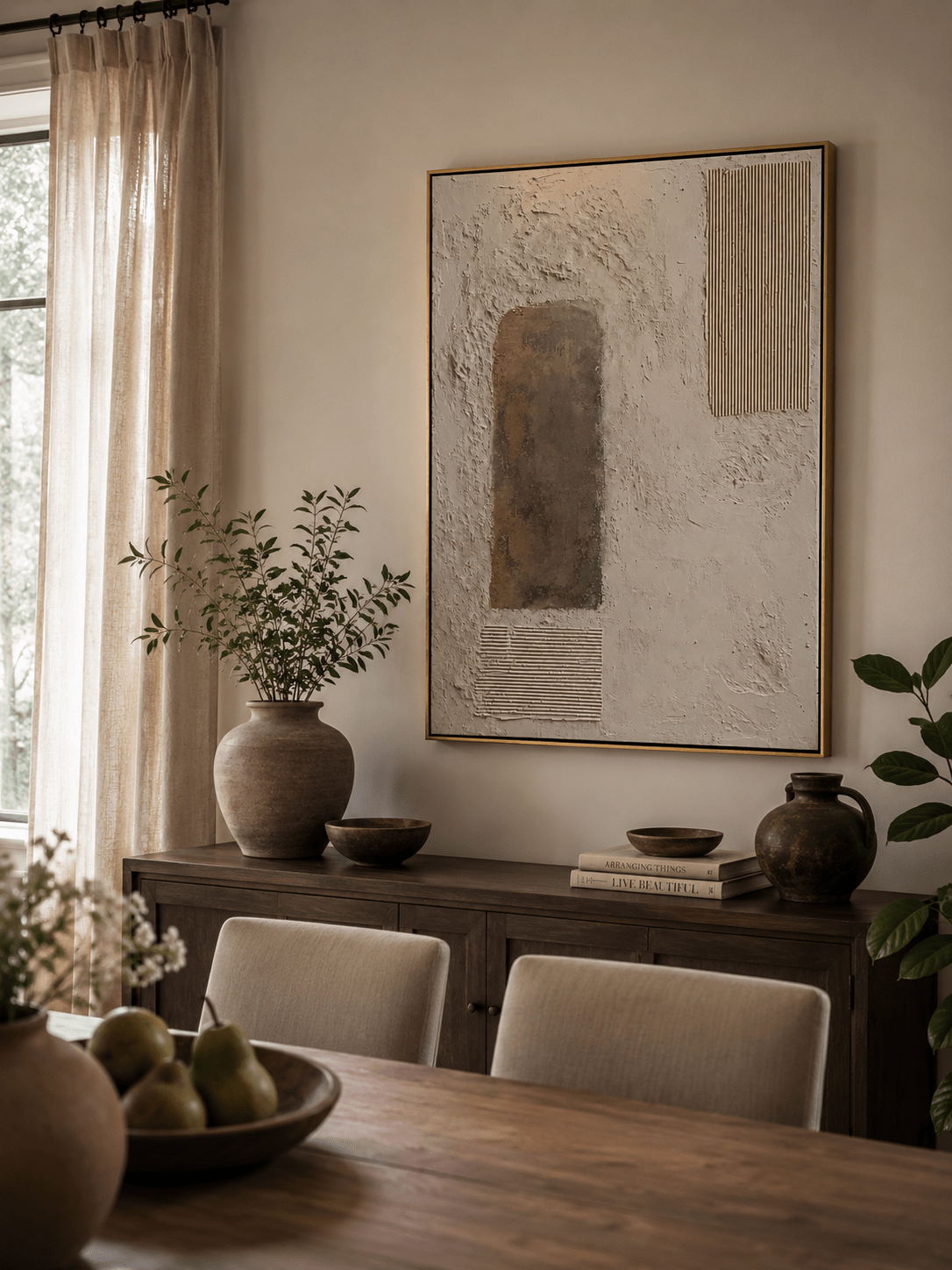 Japandi style textured wall art with minimalist arch composition
