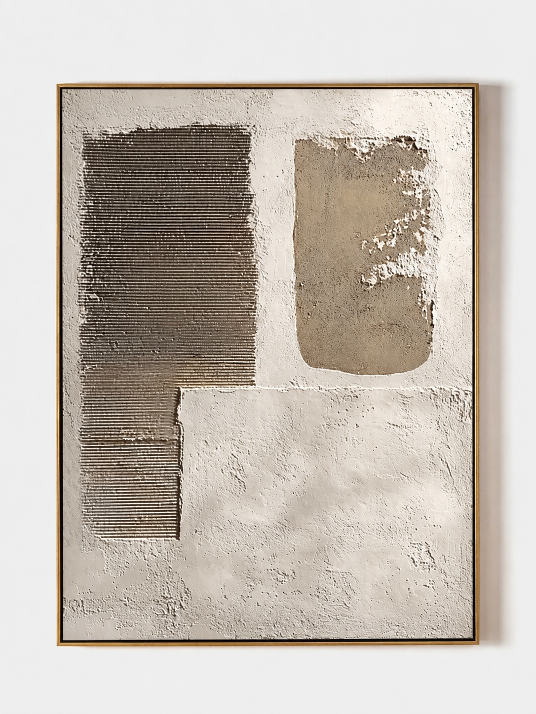 Hand painted wabi sabi textured geometric wall art with neutral abstract forms and raised ribbed texture by Eliot Vermeer