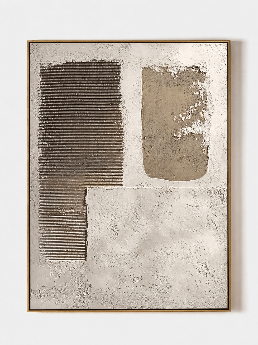 Hand painted wabi sabi textured geometric wall art with neutral abstract forms and raised ribbed texture by Eliot Vermeer