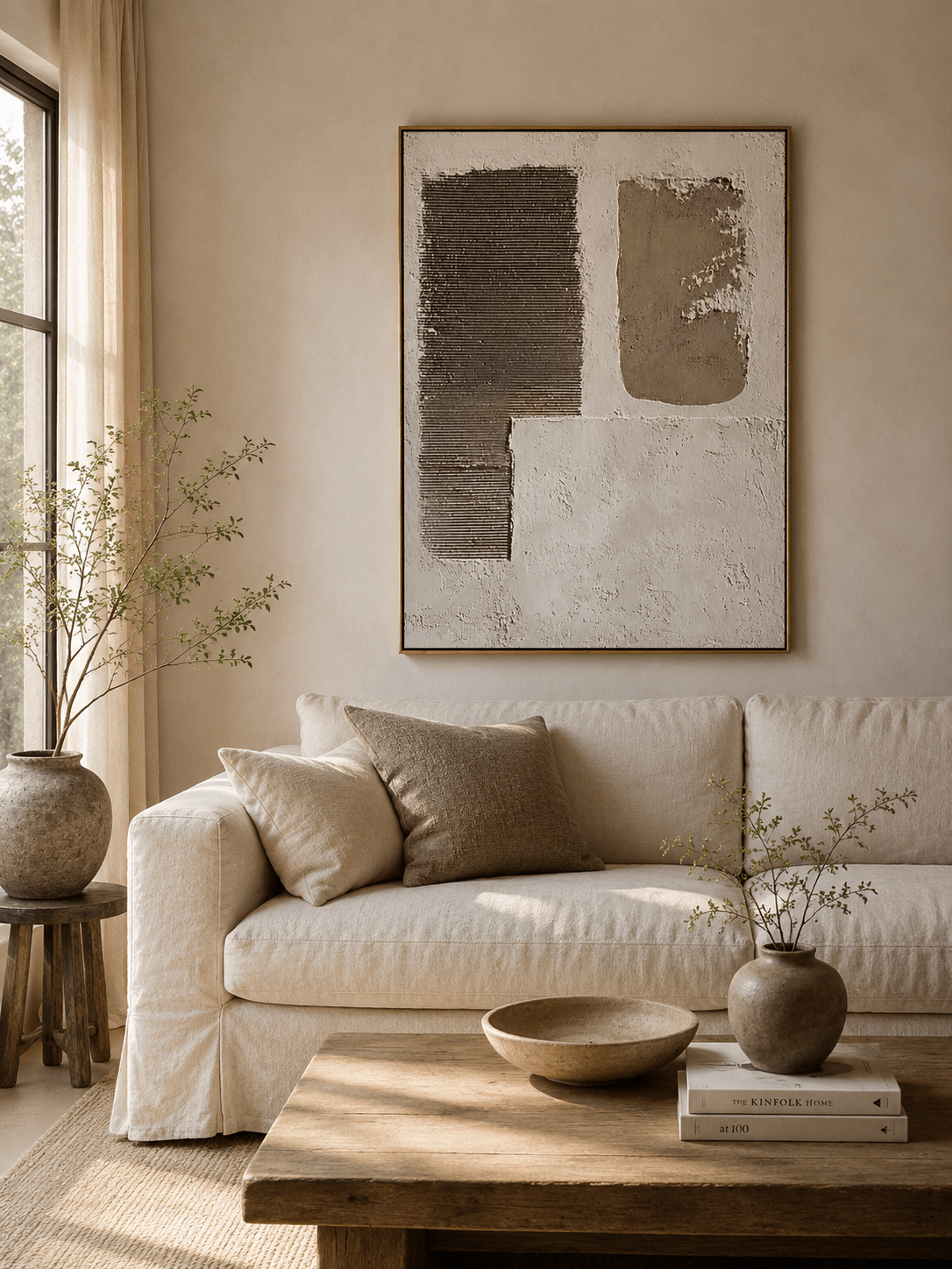 Modern textured geometric wall art with beige plaster surface and dark taupe ribbed forms