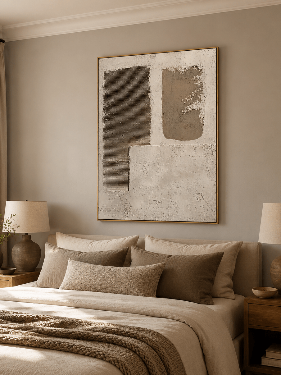 Neutral wabi sabi wall art with raised line texture and organic abstract shapes