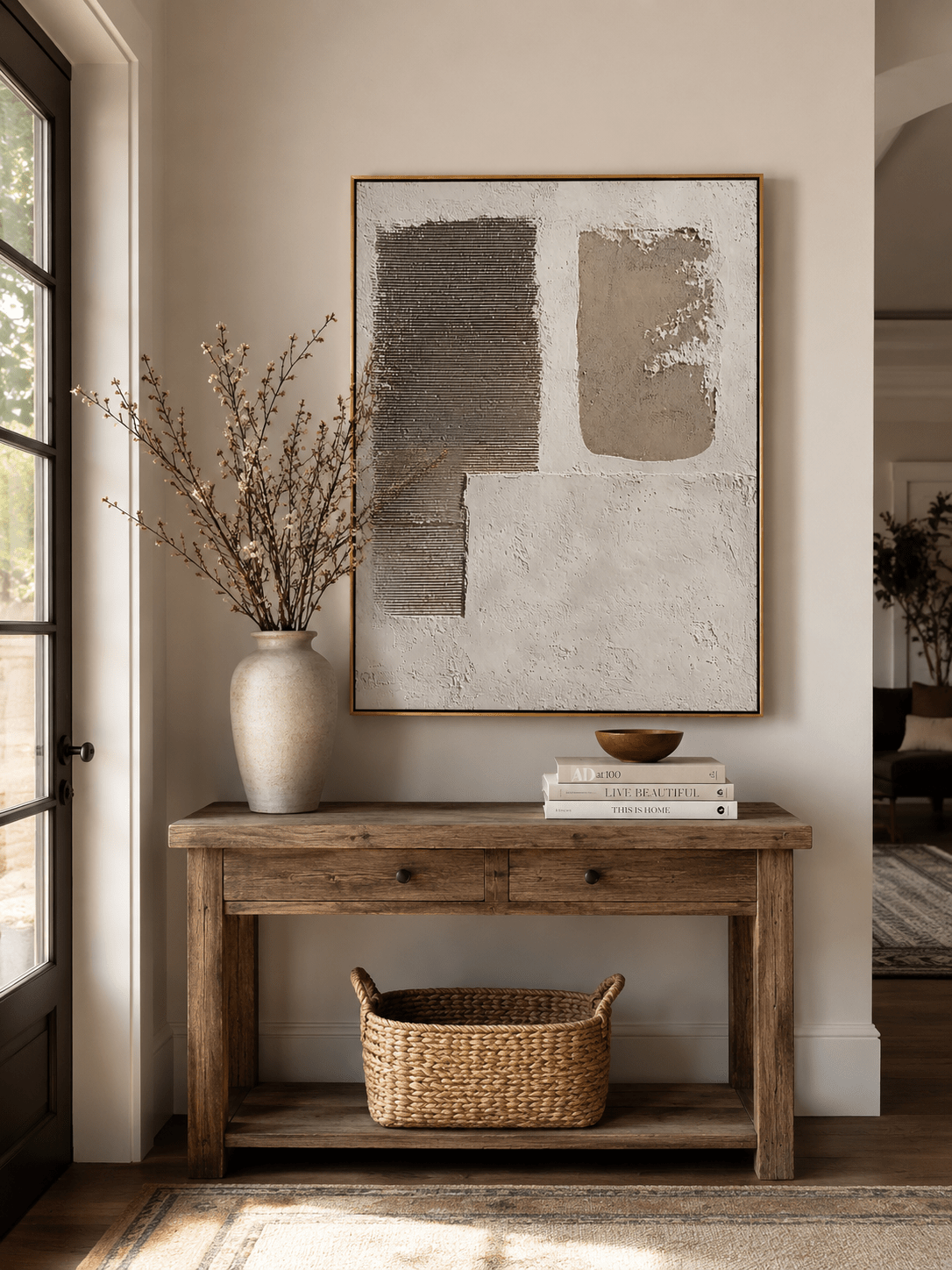 Neutral beige geometric wall art with layered textured forms, displayed on a modern wall