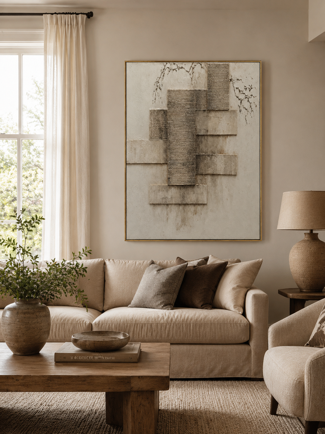 Modern textured geometric wall art with beige, taupe and grey architectural layers