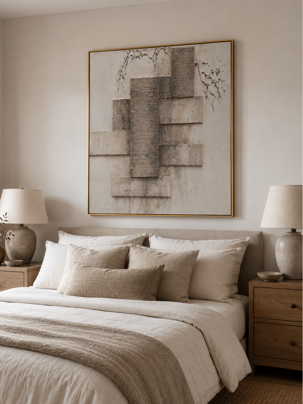 Wabi sabi neutral wall art with raised ribbed texture and layered plaster forms
